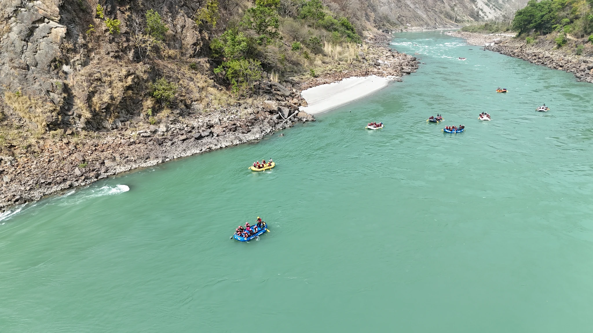 Drone Flying High Above the Majestic Ganga River Valley