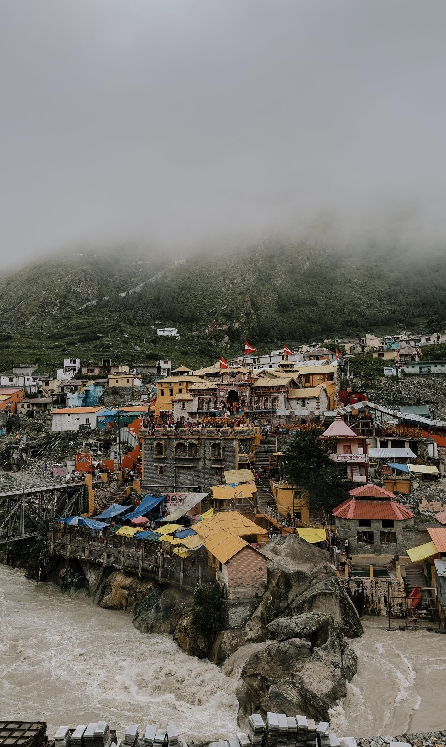 Scenic Gangotri river valley settlement nestled along sacred Himalayan streams
