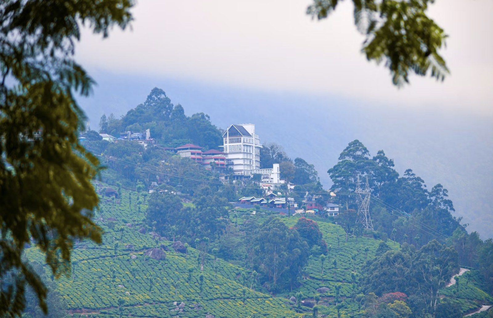 Serene hilltop shrine and estate view overlooking the tea valley