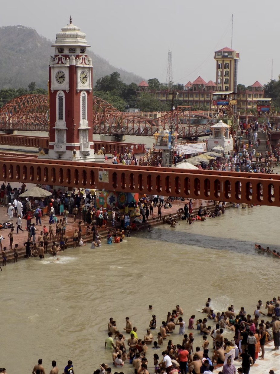 Iconic Har Ki Pauri clock tower and sacred bathing ghats along the holy Ganges