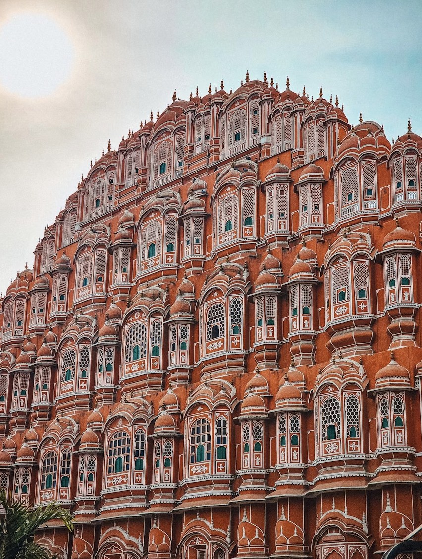 Intricate 953 honeycomb jharokhas and carved sandstone windows of Hawa Mahal