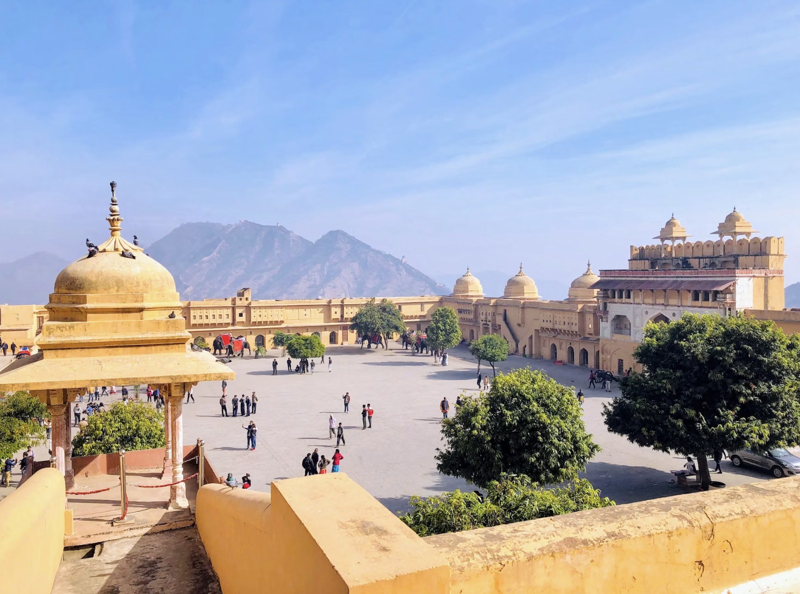Spacious sunlit Diwan-e-Aam courtyards and heritage pavilions inside Amber Fort