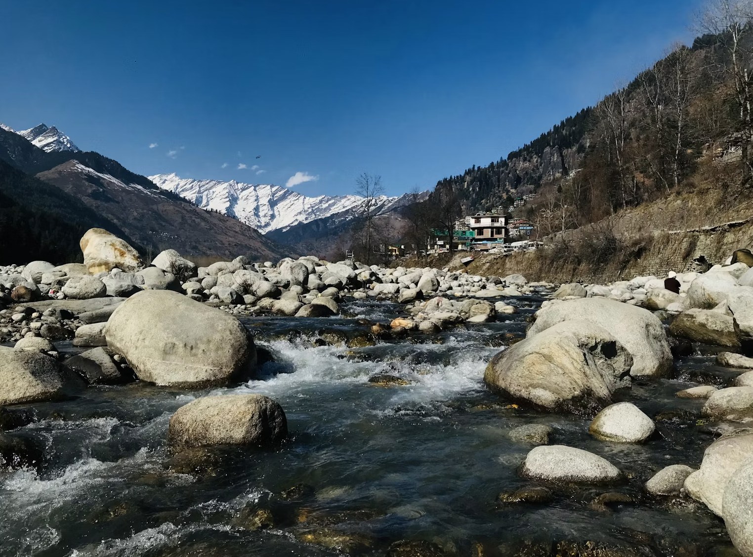 Beas River rushing across giant stone boulders through the Kullu Manali valley