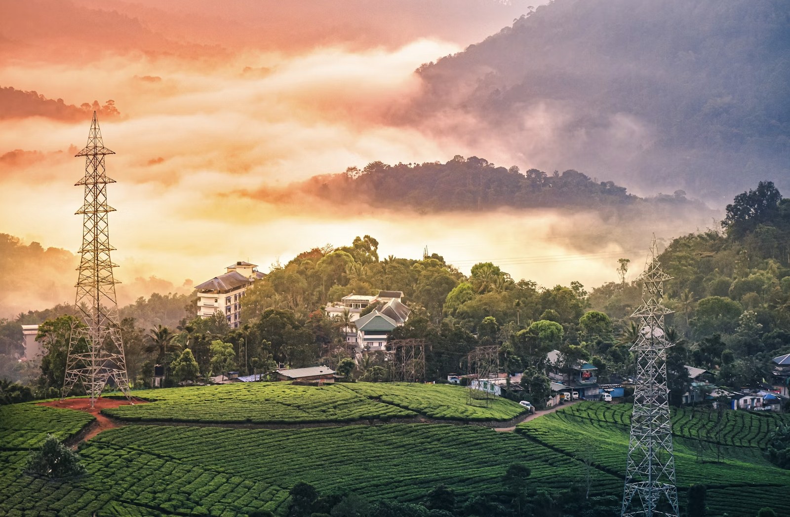 Golden sunset over the hills and tranquil tea estates of Munnar