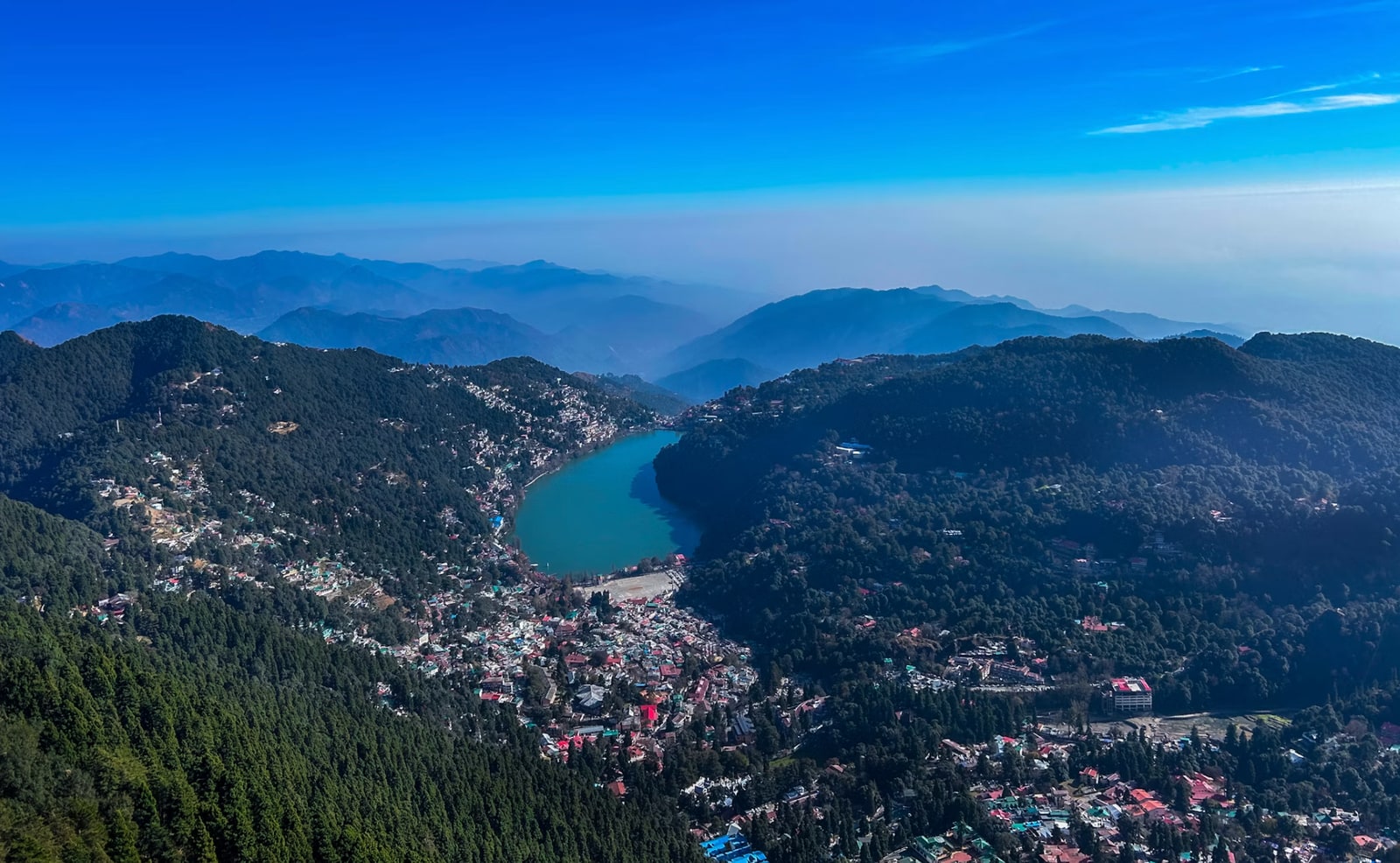 Breathtaking aerial panorama of Nainital lake nestled in the Himalayan valley