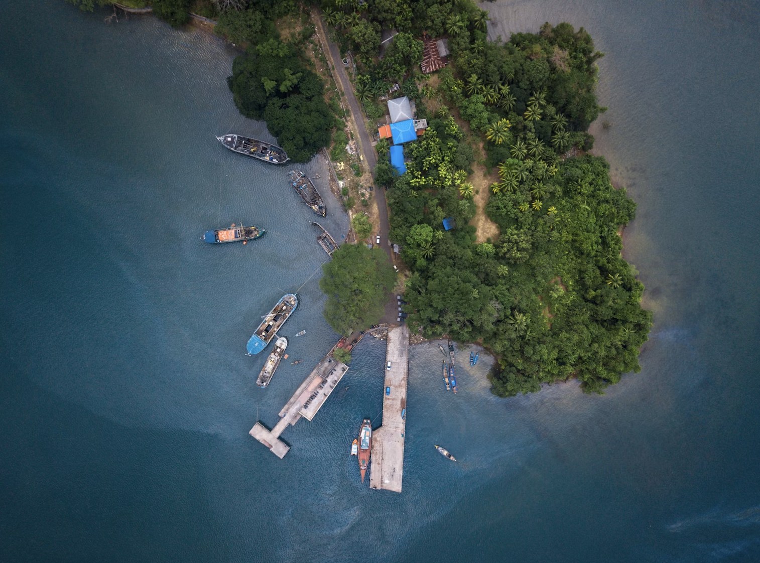Aerial view of Havelock Island jetty and pristine turquoise coastal waters
