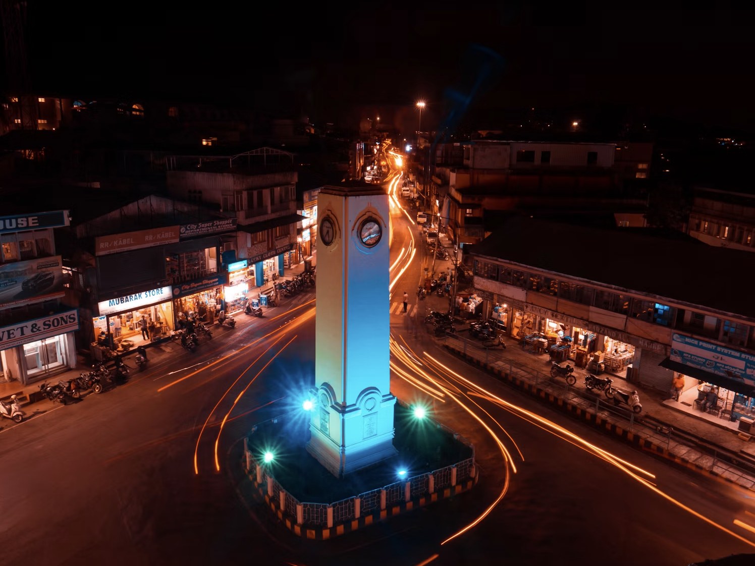Vibrant Aberdeen Clock Tower and city center illuminated at night, Port Blair