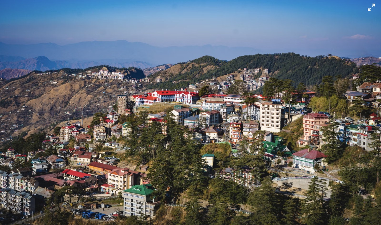 Panoramic mountain valley view of Shimla hill town