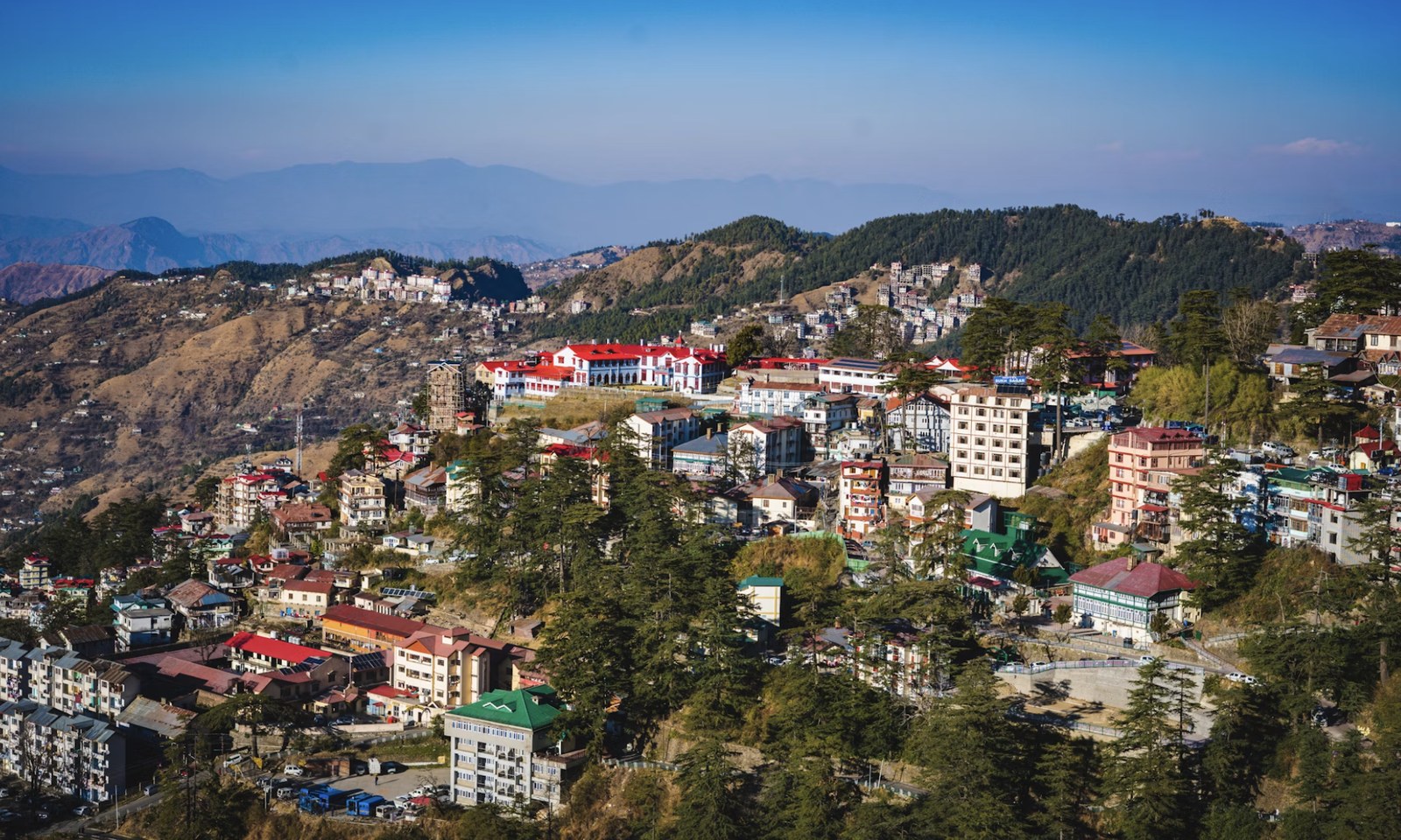 Scenic colonial hill station townscape and lush valleys of Shimla