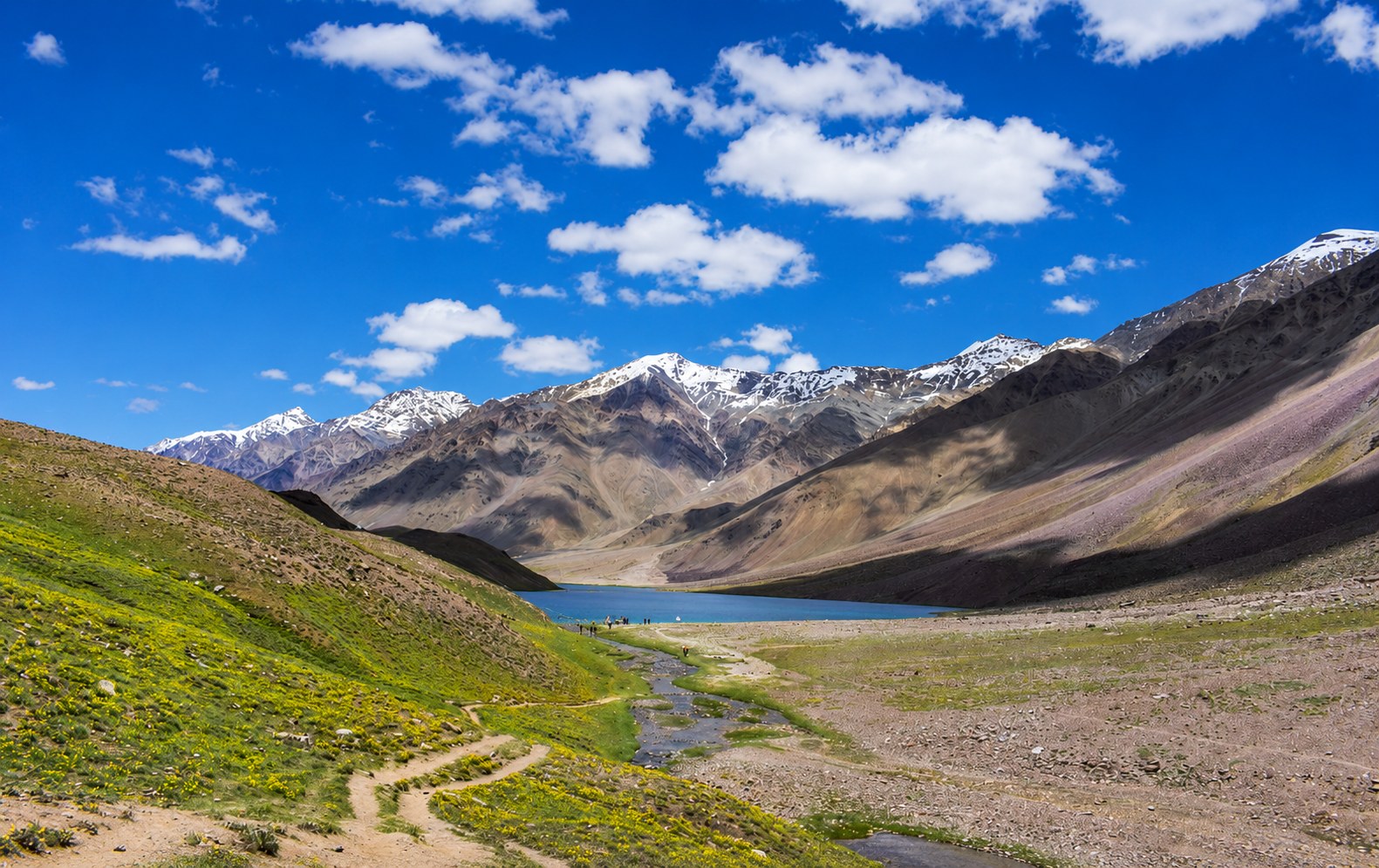 Panoramic vista of Chandratal lake nestled in Spiti valley