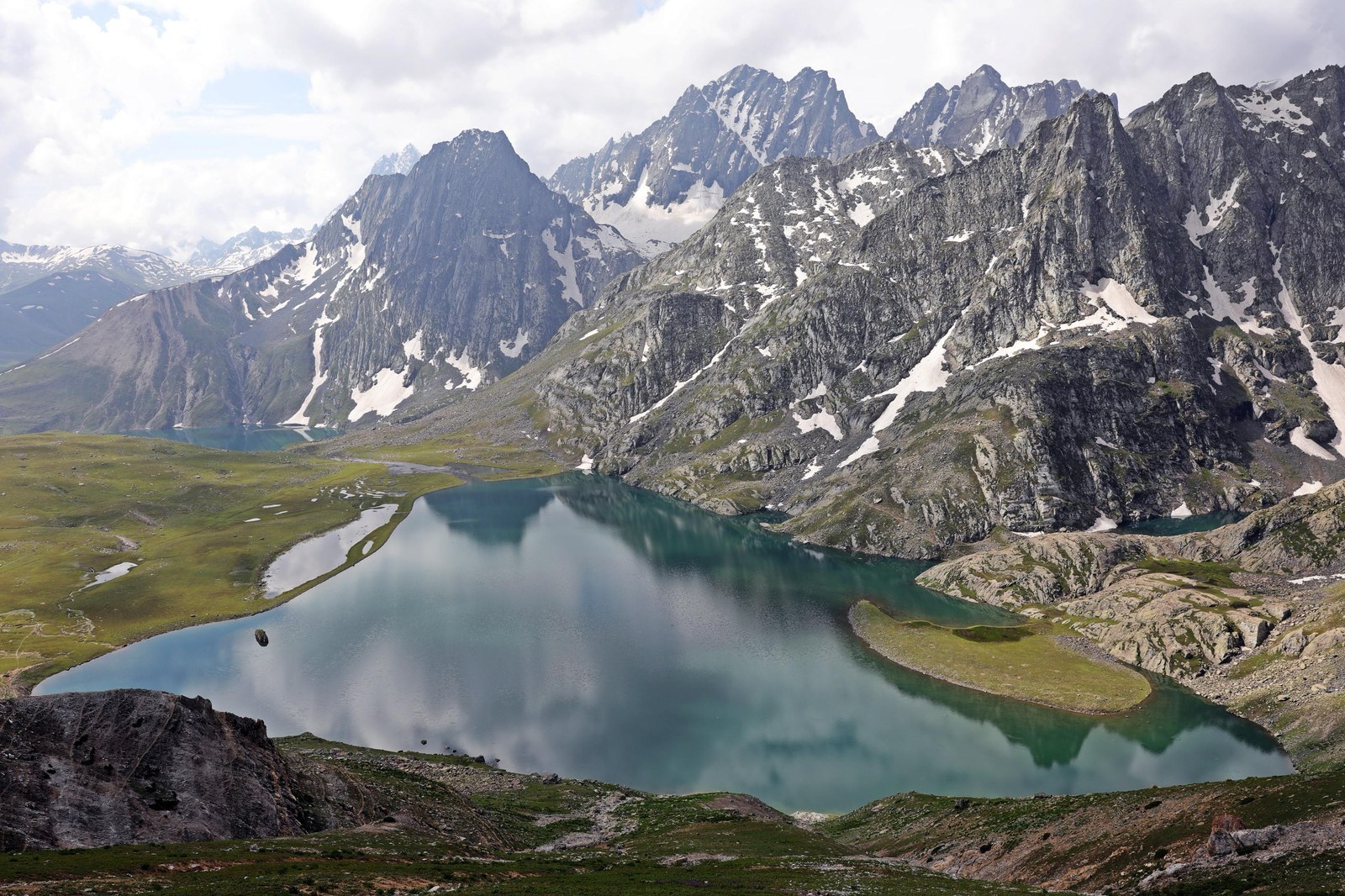 Serene glacial lake reflections against rugged Himalayan mountains