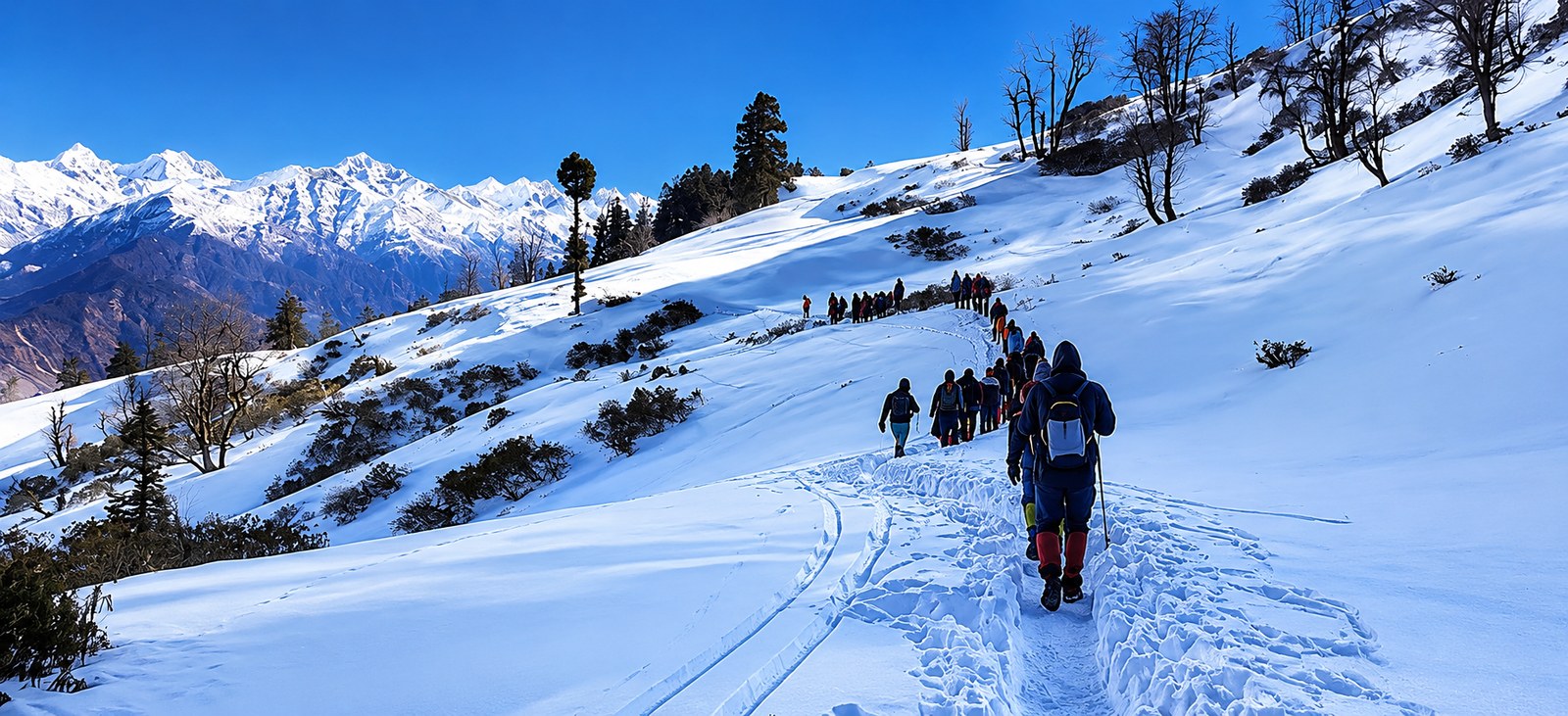 Trekking through fresh winter snow on the ascent to Kedarkantha
