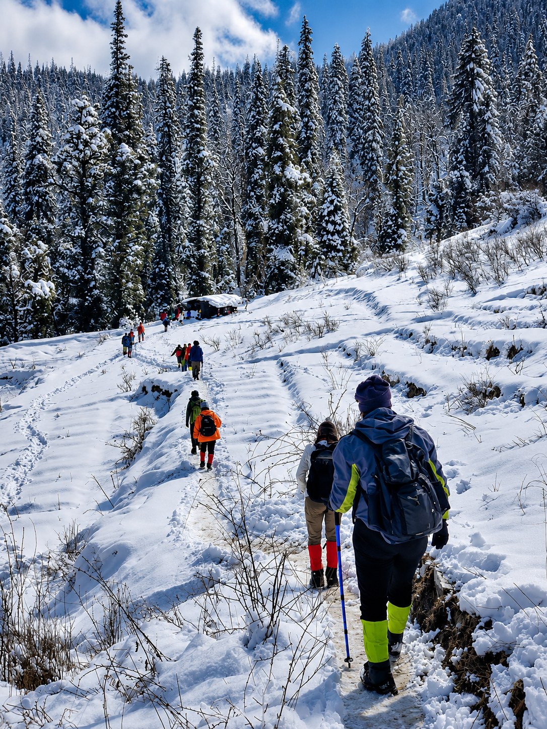 Trekkers ascending through serene snow-covered pine woods