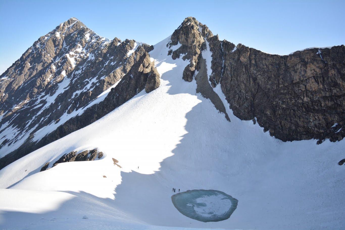Grand panoramic vista of Trishul peak and frozen Roopkund bowl