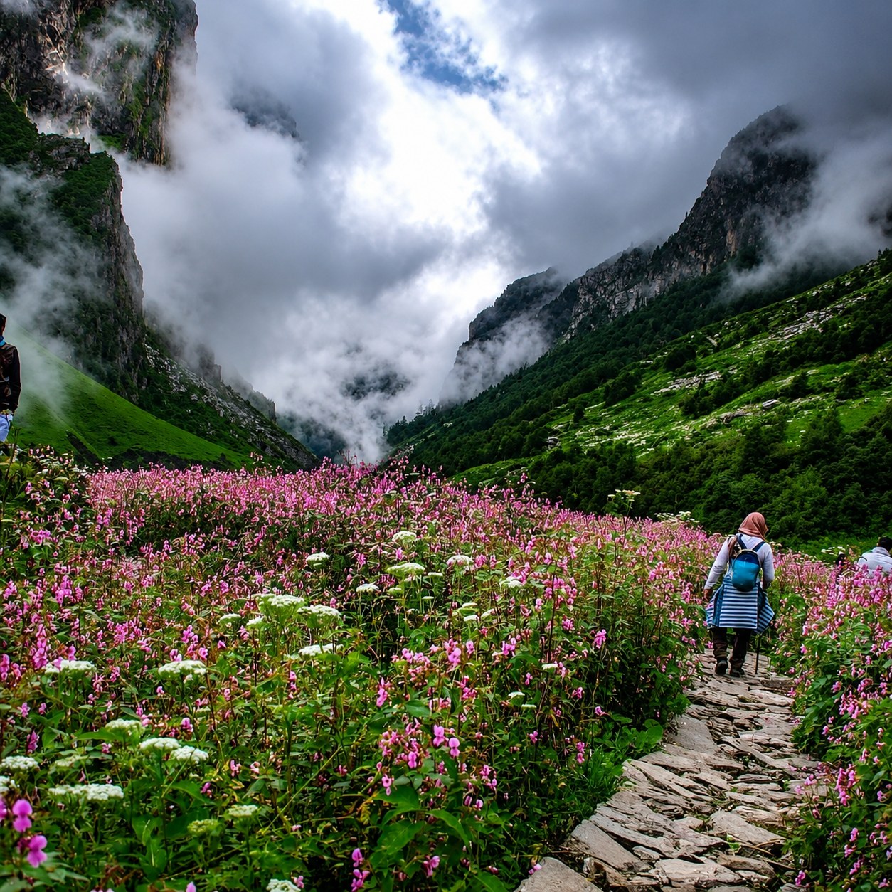 Trekkers exploring wildflower meadows under dramatic skies